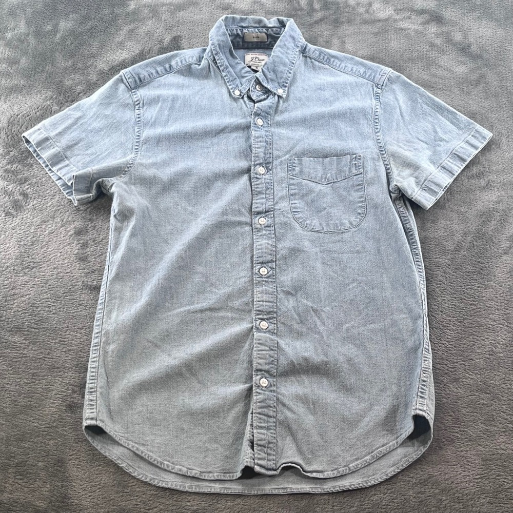 J.Crew Mens Slim Fit Short Sleeve Denim Chambray Shirt Light Wash Small